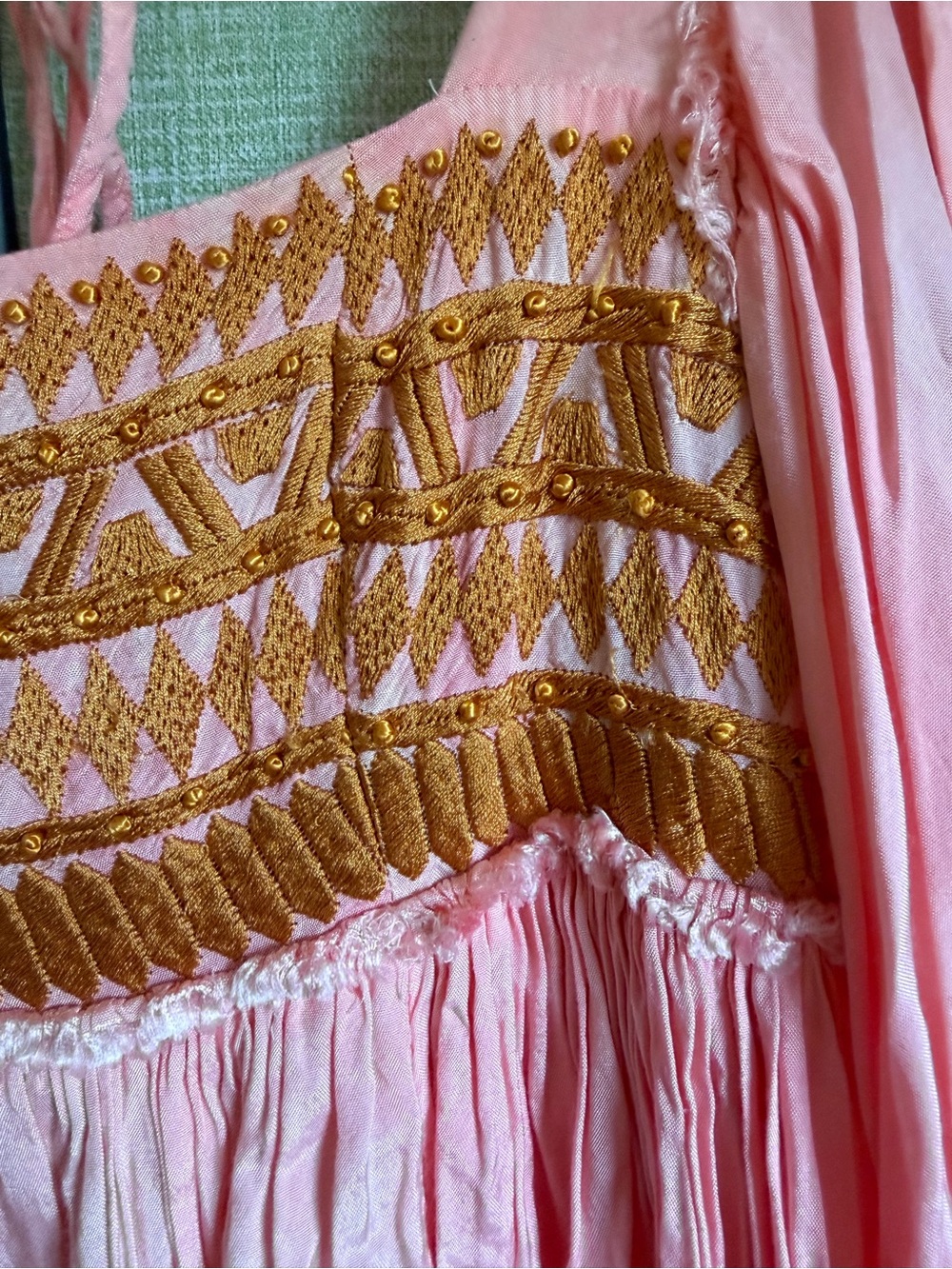Free People Sahara Embroidered Pink and Gold Babydoll Mini Dress, Size M - Picture 3 of 9